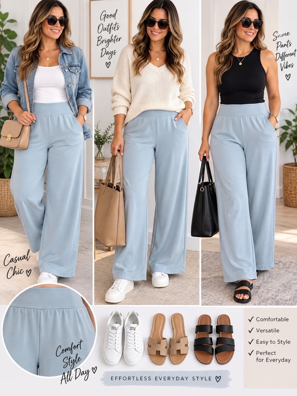 Wide Leg Pull-On Pants in Light Blue - Casual Everyday Style